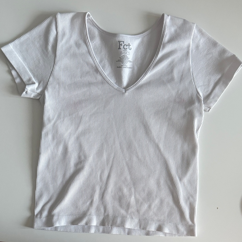 White Ribbed V-Neck T-Shirt